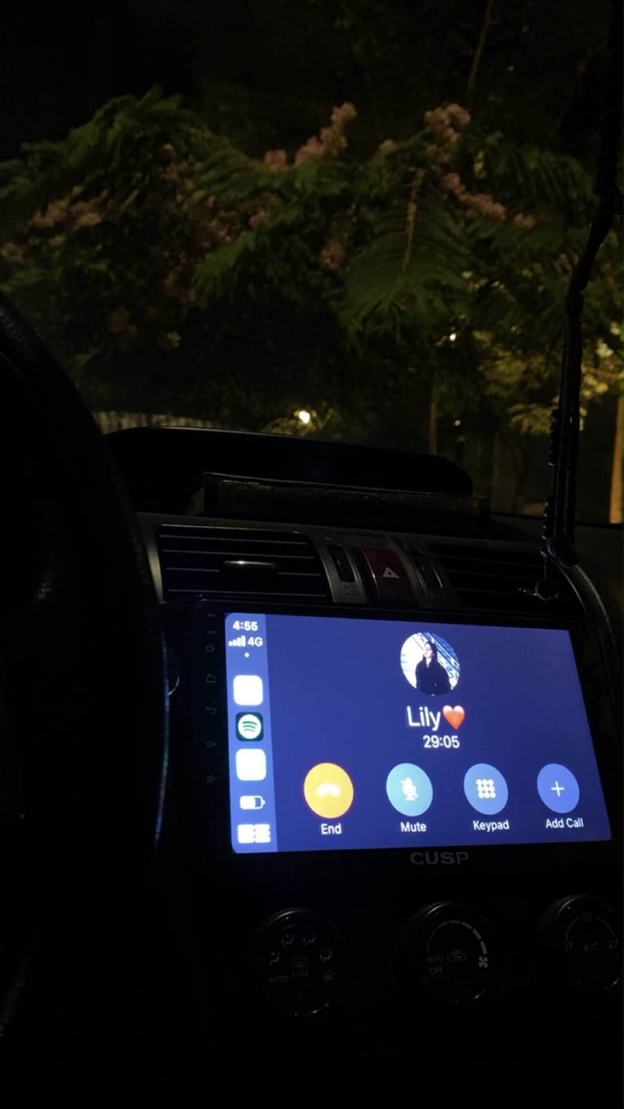 Car screen call with Lily at 4:55 AM